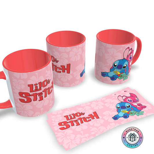 Taza Stitch, Angel y Scrump – Fondo rosa floral