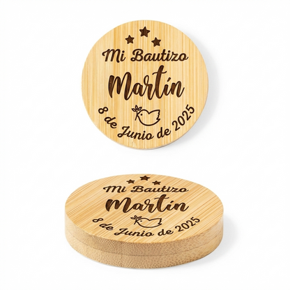 Diseño estrellas y paloma - Abridor Magnético de Bambú Personalizado para Bautizo