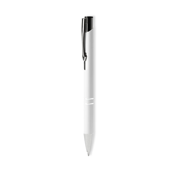 Bolígrafo metálico de tinta negra tacto suave · Blanco