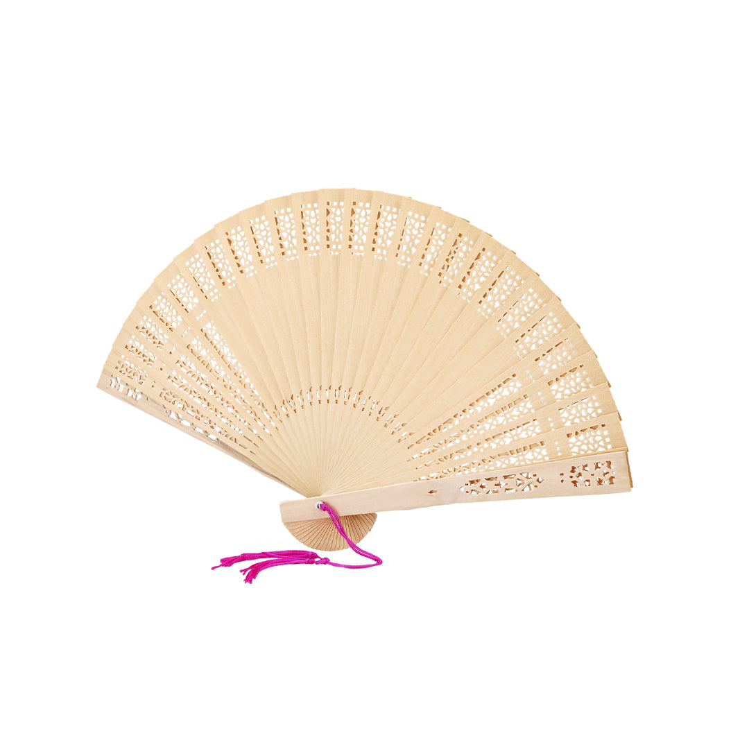 Abanico de madera calada con pompón · Natural