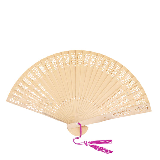 Abanico de madera calada con pompón