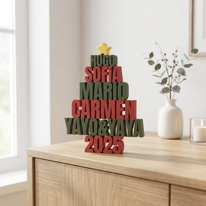 Árbol de Navidad con Nombres Familiares en 3D - Figura Decorativa de Sobremesa