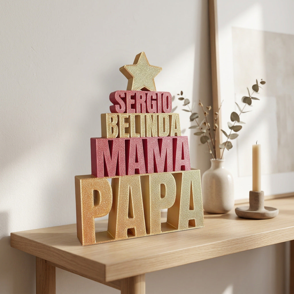 Árbol de Navidad con Nombres Familiares en 3D - Figura Decorativa de Sobremesa