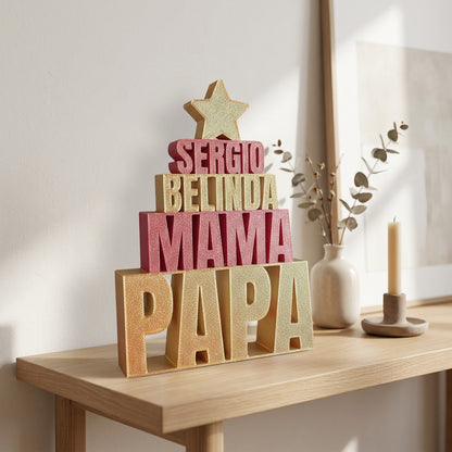 Árbol de Navidad con Nombres Familiares en 3D - Figura Decorativa de Sobremesa