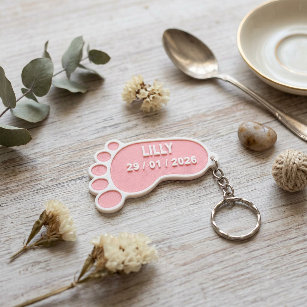 Llavero Pie de Bebé Personalizado - Impresión 3D con Nombre y Fecha