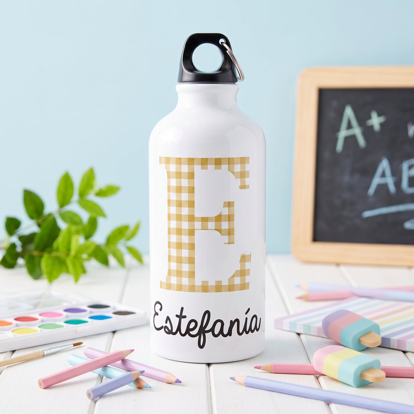 Botella o Taza Personalizada Cuadro Vichy con Inicial y Nombre
