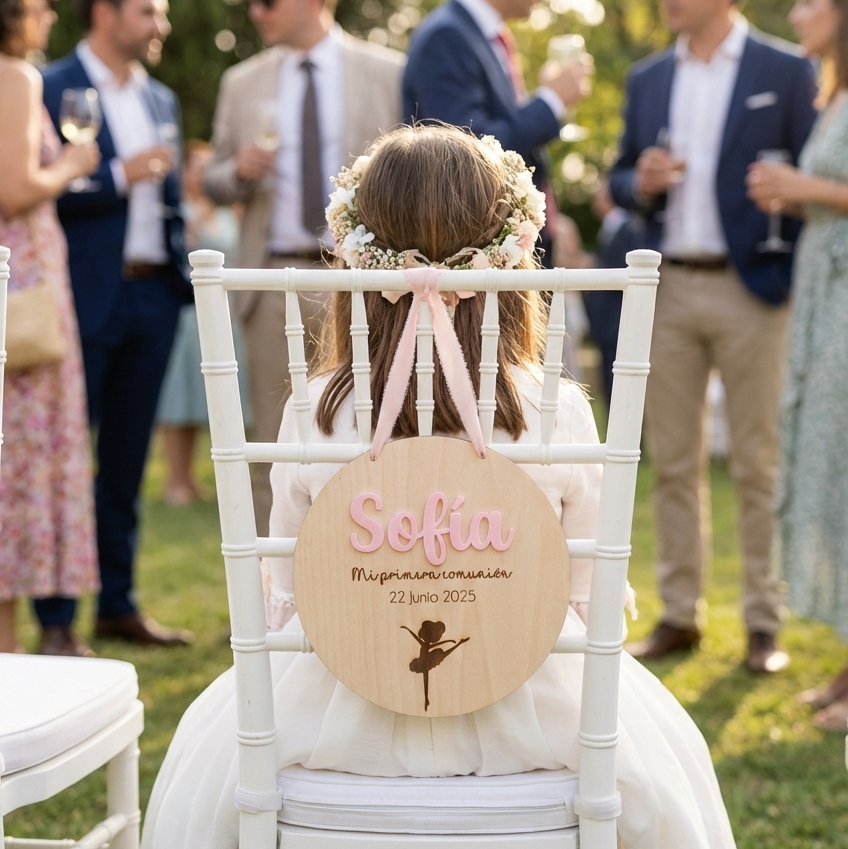 Cartel de Madera Personalizado para Silla de Comunión - Nombre en Relieve y Silueta Bailarina
