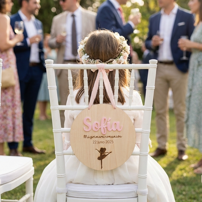 Cartel de Madera Personalizado para Silla de Comunión - Nombre en Relieve y Silueta Bailarina