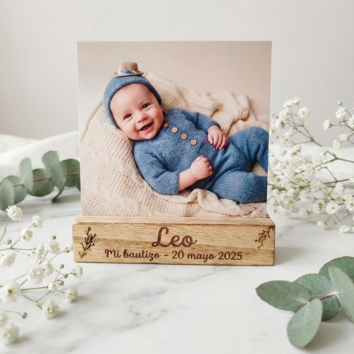 Soporte de Madera Personalizado "Mi Bautizo" – Portafotos Grabado con Nombre y Fecha