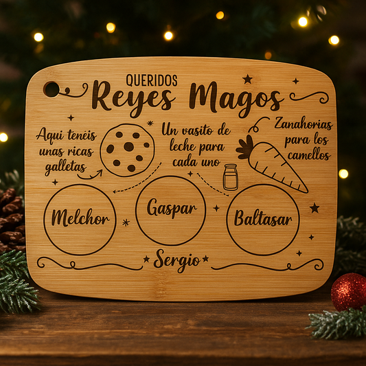 Tabla Reyes Magos personalizada – Bandeja de galletas y leche | Regalo Navidad | 3 tamaños | Personalizable con nombres