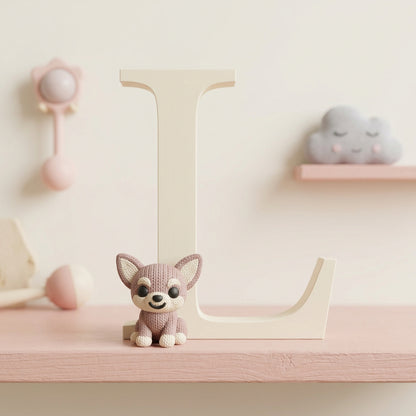 Letra Inicial con Chihuahua 3D Efecto Tejido Crochet - Personalizable