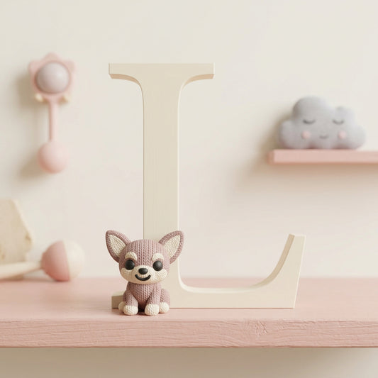 Letra Inicial con Chihuahua 3D Efecto Tejido Crochet - Personalizable