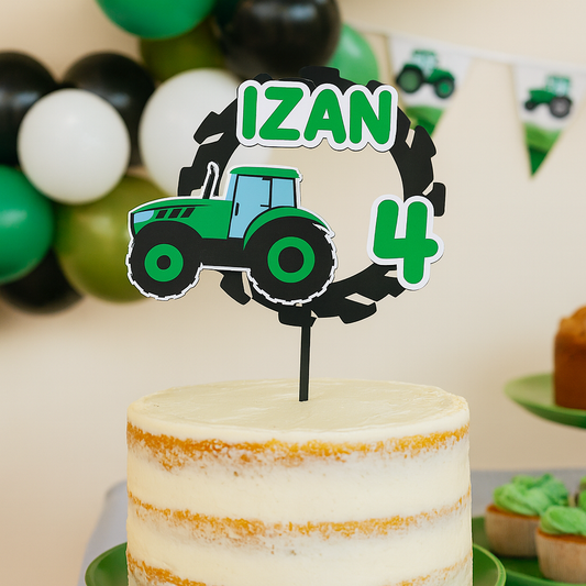 Topper de cumpleaños tractor verde personalizado – Nombre y edad – Impreso en 3D