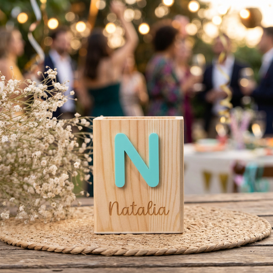 Portalápices de Madera con Inicial 3D en Color y Nombre Grabado