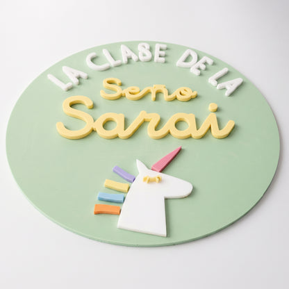 Cartel Unicornio 3D para Puerta de Clase - Placa Seño Personalizada