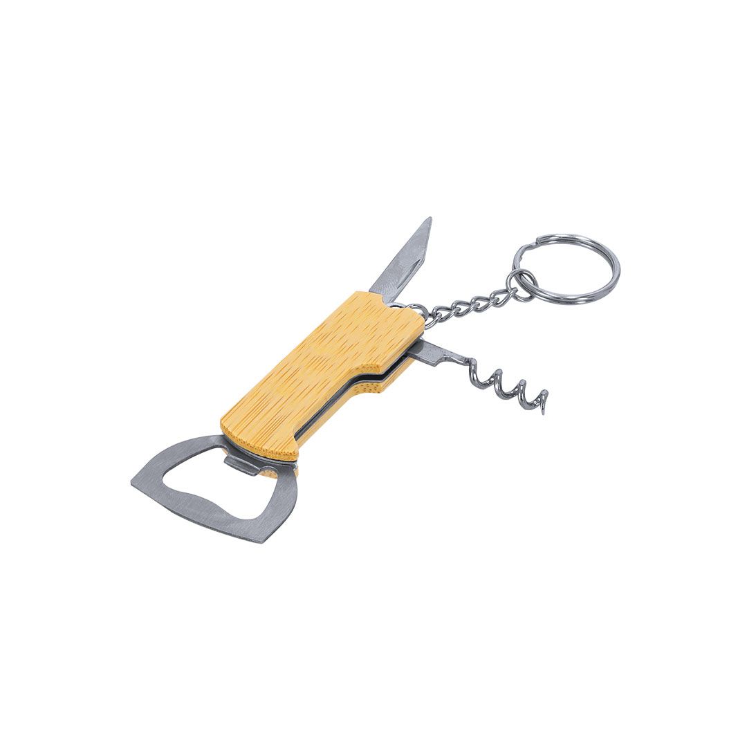 Llavero Multiherramienta de Bambú y Acero Inox – Abridor, Sacacorchos y Cuchilla