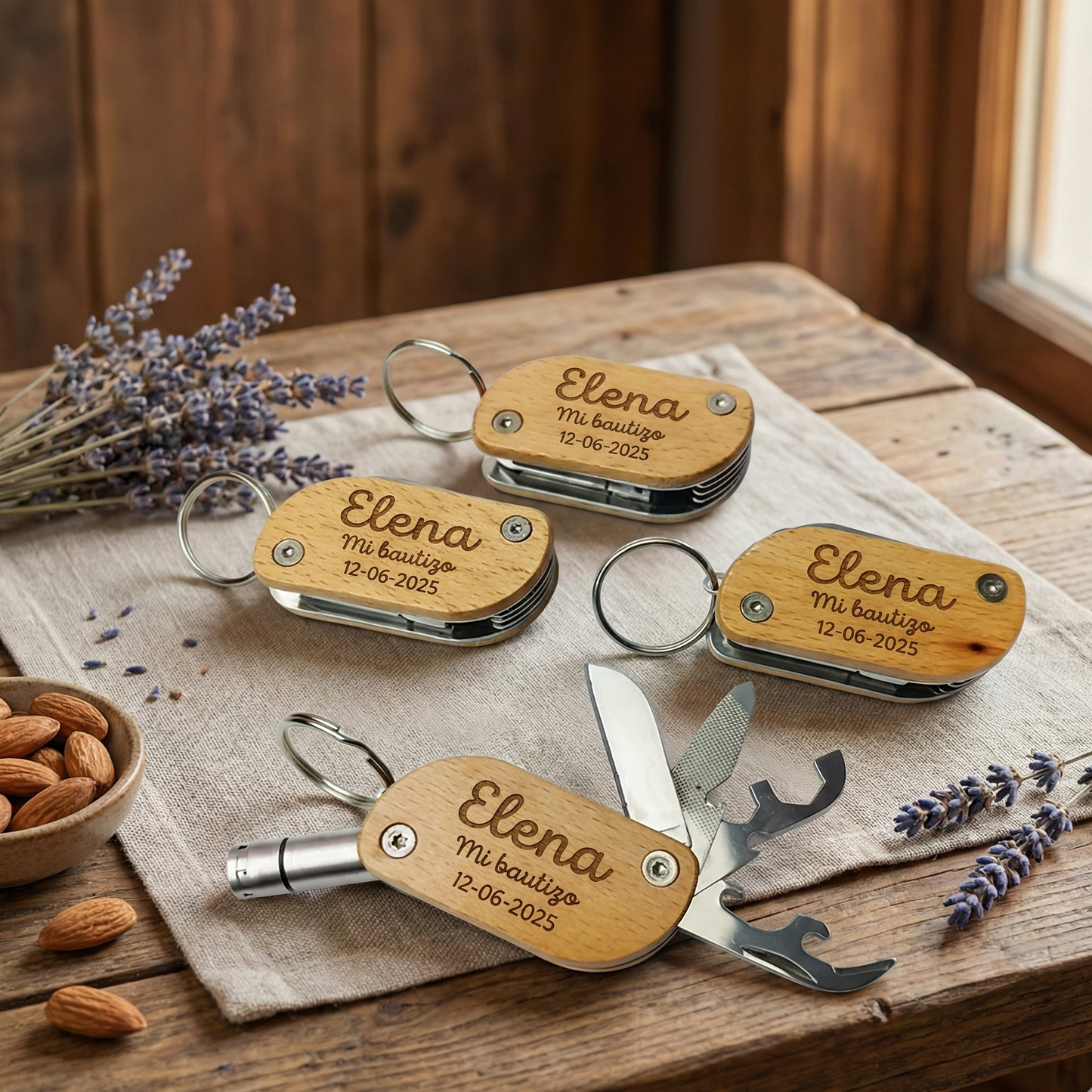 Llavero Multiherramienta 9 en 1 de Madera y Acero Inoxidable - Personalizable