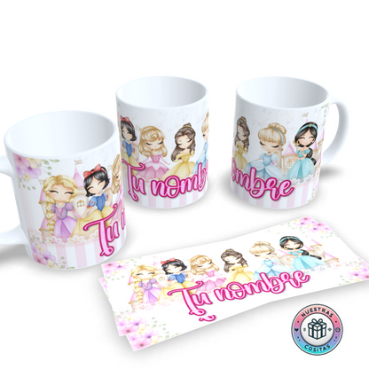 Taza personalizada con tu nombre y princesas estilo kawaii