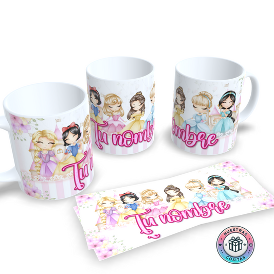Taza personalizada con tu nombre y princesas estilo kawaii
