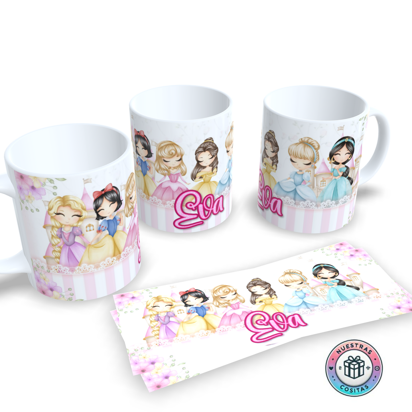 Taza personalizada con tu nombre y princesas estilo kawaii