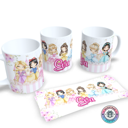 Taza personalizada con tu nombre y princesas estilo kawaii