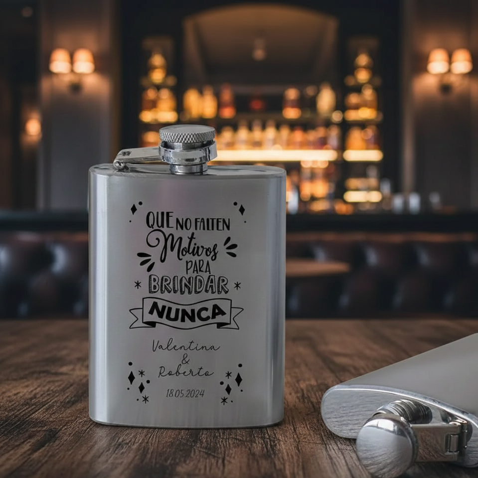 Petaca de Acero Inoxidable con Frases – Personalizable y Ergonómica (175 ml)