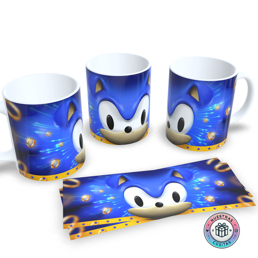 Taza Sonic clásica – Diseño caricatura con anillos