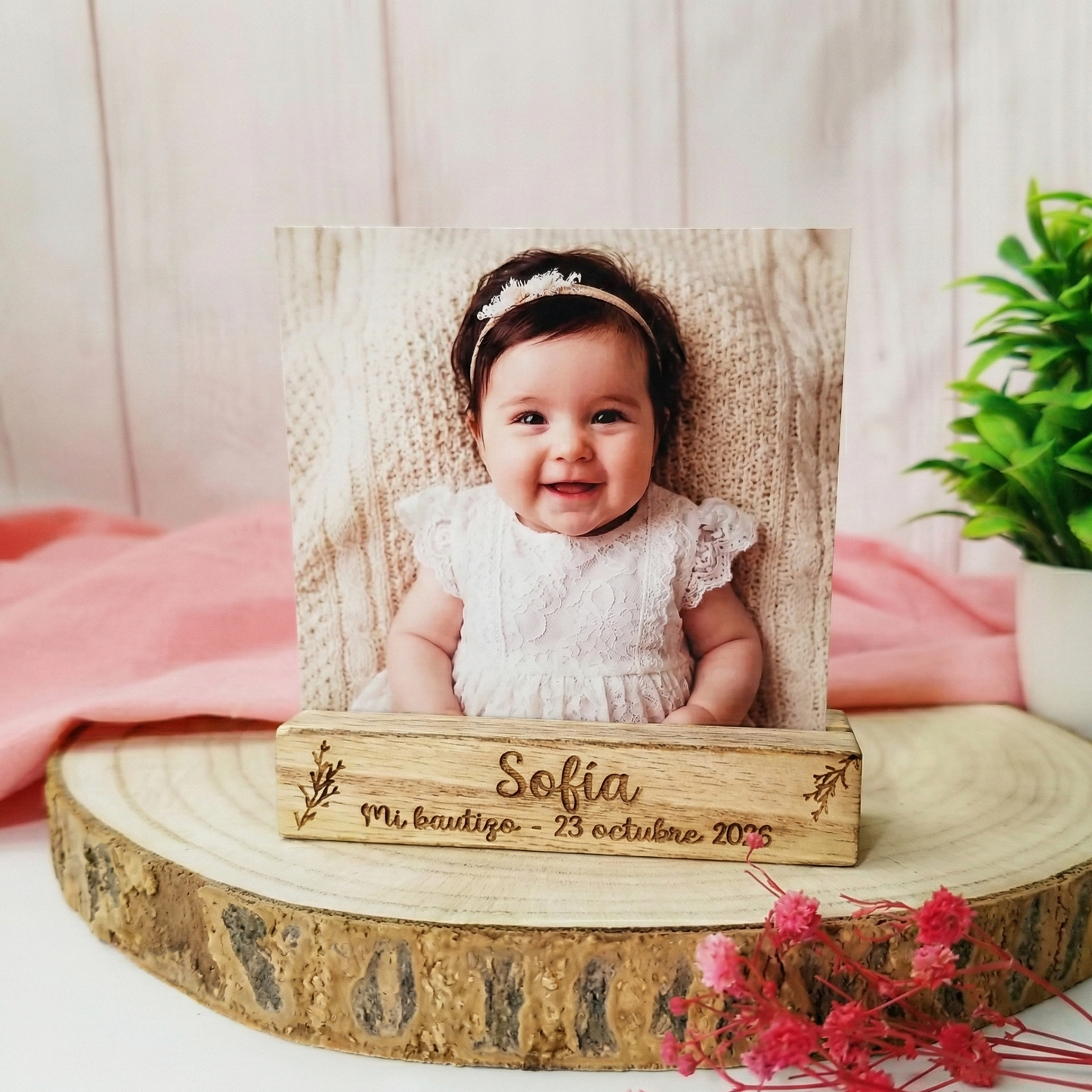 Soporte de Madera Personalizado "Mi Bautizo" – Portafotos Grabado con Nombre y Fecha