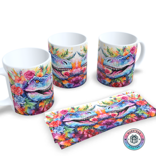 Taza Dinosaurio Floral Multicolor – Diseño Salvajemente Hermoso