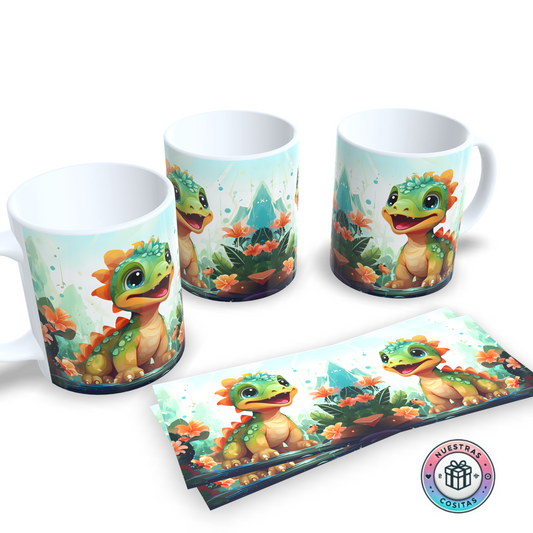 Taza Infantil Dinosaurio Verde – Edición Floral