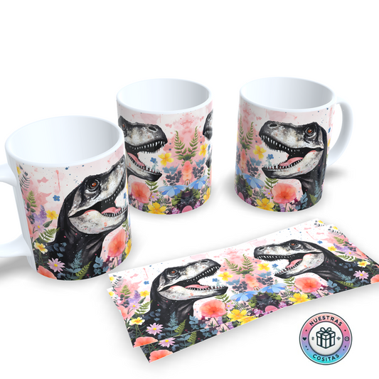 Taza Dinosaurio Floral – Diseño Artístico con Acuarela