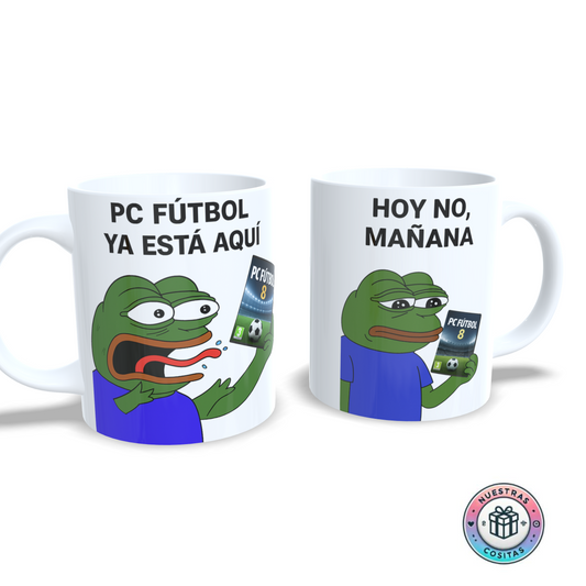 Taza meme PC Fútbol 8 – Hoy no, mañana
