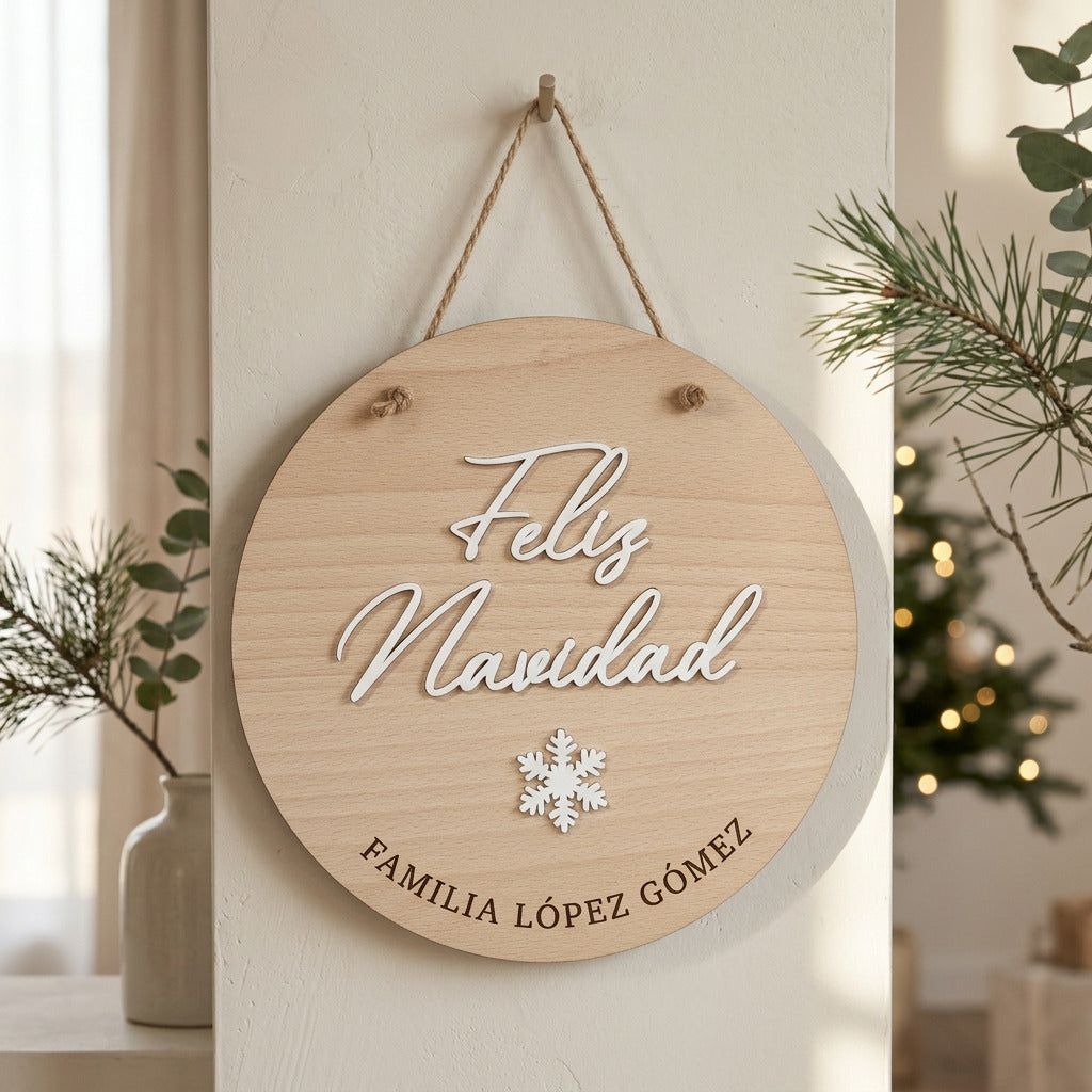 Placa Navideña Redonda para Puerta Personalizada - Diseño minimalista