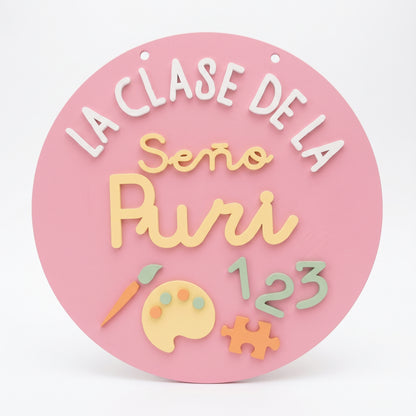 Cartel de Pintura 3D Puerta de Clase - Placa Seño Personalizada