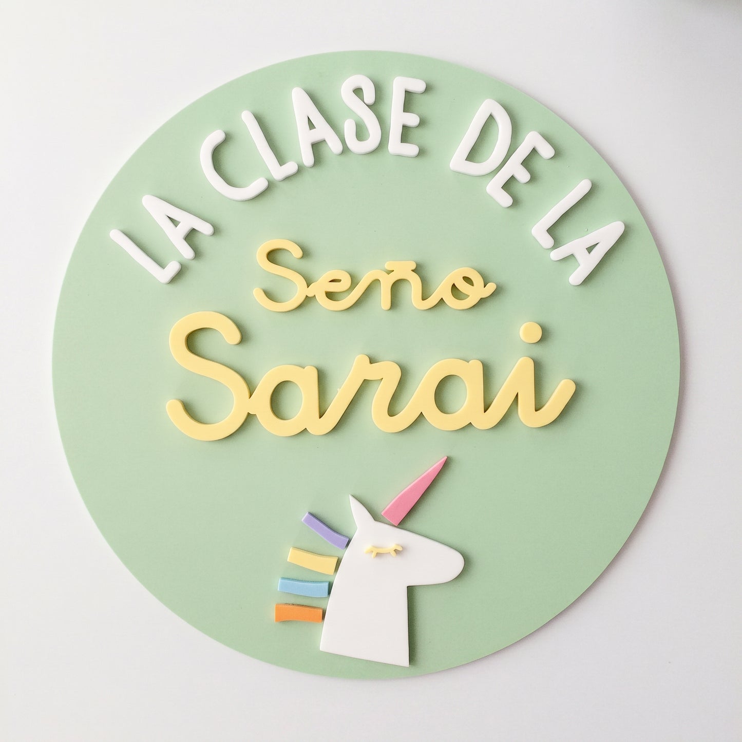 Cartel Unicornio 3D para Puerta de Clase - Placa Seño Personalizada