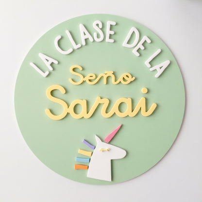 Cartel Unicornio 3D para Puerta de Clase - Placa Seño Personalizada