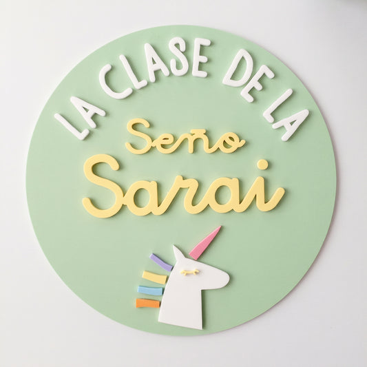 Cartel Unicornio 3D para Puerta de Clase - Placa Seño Personalizada