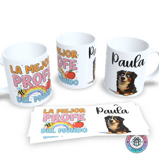 Taza personalizada “La mejor profe del mundo” con nombre e imagen