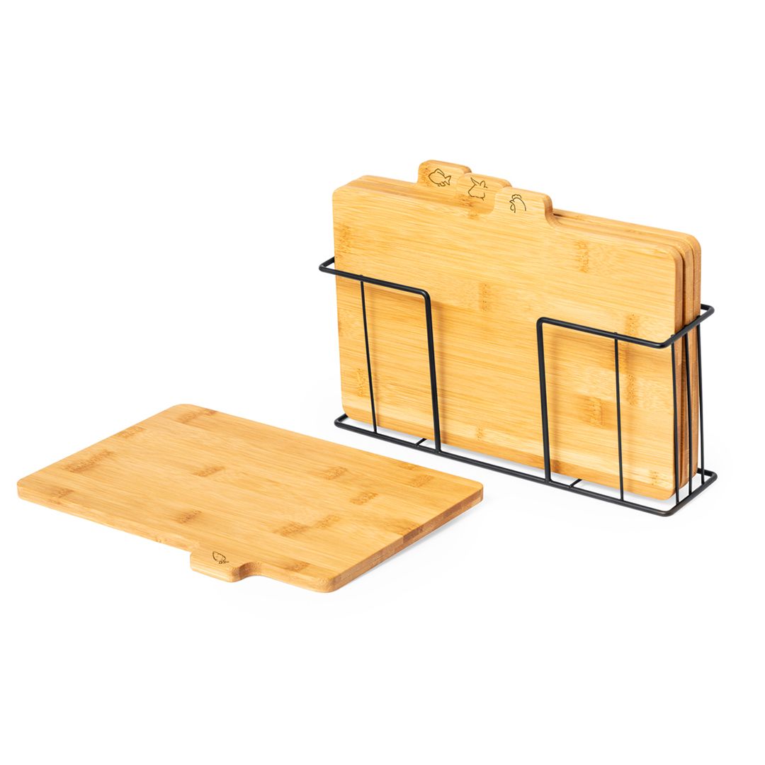 Set 4 tablas de cortar de bambú con soporte · Tablas