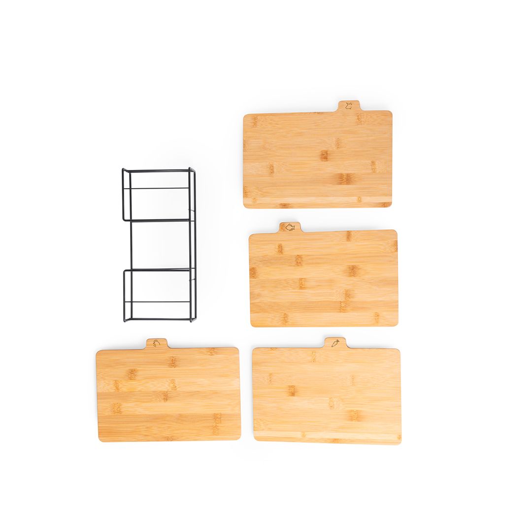 Set 4 tablas de cortar de bambú con soporte · Tablas