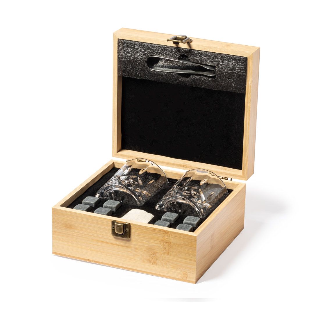 Set de whisky con 2 vasos y piedras en estuche de bambú · Piedras