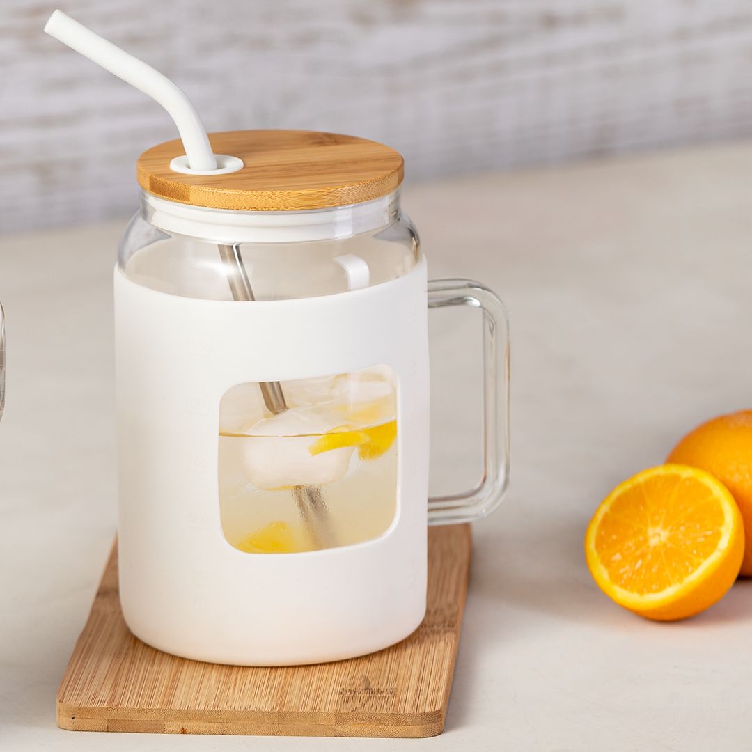 Tarro de cristal con asa y pajita de acero 1,6 l · Jarra Grande